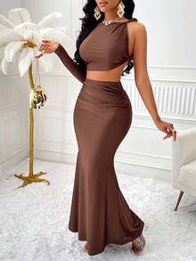 SHEIN Slayr 纯色不对称领短款上衣和美人鱼下摆短裙两件套 - 咖啡棕 - 查看 5