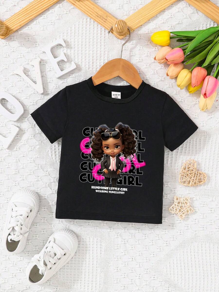 女嬰可愛且時尚字母印花休閒短袖圓領T恤，夏季 - 黑色 - 查看 1