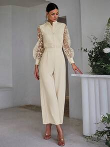 女士透視網眼上衣和褲子套裝,帶有植物刺繡 - 杏色 - 查看 4