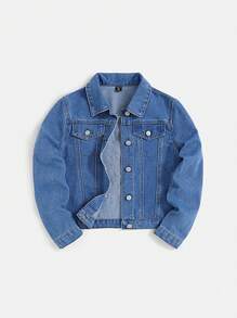 SHEIN Teenage Girls' Letter Printed Denim Jacket - Medium Wash - View 2