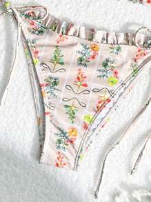 SHEIN Swim 夏季随机花卉印花打结侧比基尼套装 - 玫紅色 - 查看 4