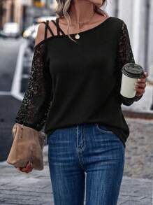 EMERY ROSE 女式不对称领蕾丝拼接上衣，女士休闲不对称，撞色蕾丝常规袖不对称领常规版型黑色纯色女式上衣，春/秋，休闲日常穿着 - 黑色 - 查看 5