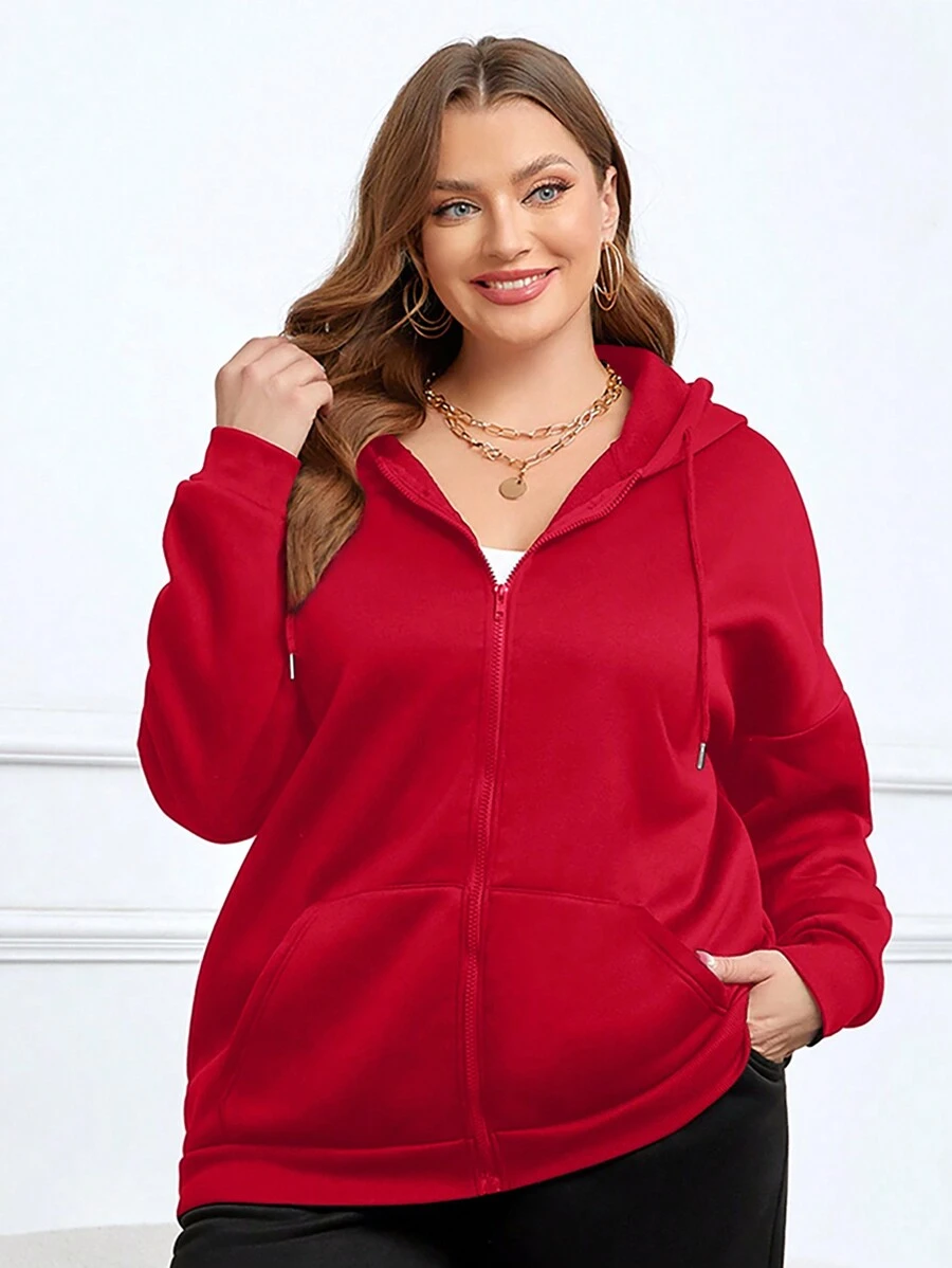 SHEIN EZwear Plus Size Kangaroo Pocket Zip Up Sweatshirt - Red - View 1