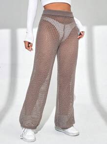 SHEIN Unity 1pc High-Waisted Eyelet Knit Trousers - Mocha Brown - View 1