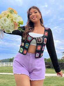 Flirla Plus Size Women's Floral Pattern Long Sleeve Cardigan