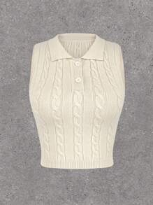 SHEIN EZwear 女士釦半開釦針織上衣 - 杏色 - 查看 1