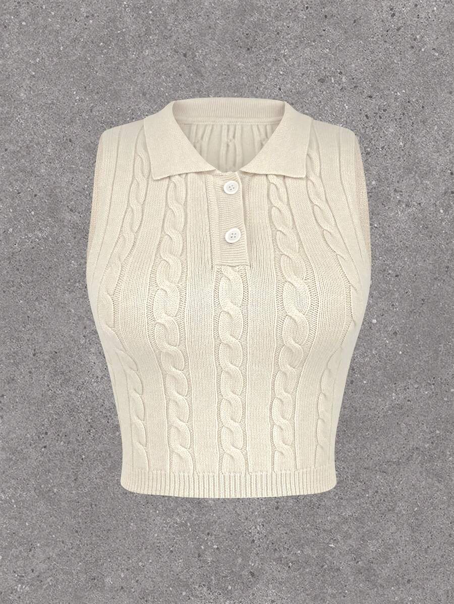 SHEIN EZwear 女士釦半開釦針織上衣 - 杏色 - 查看 1