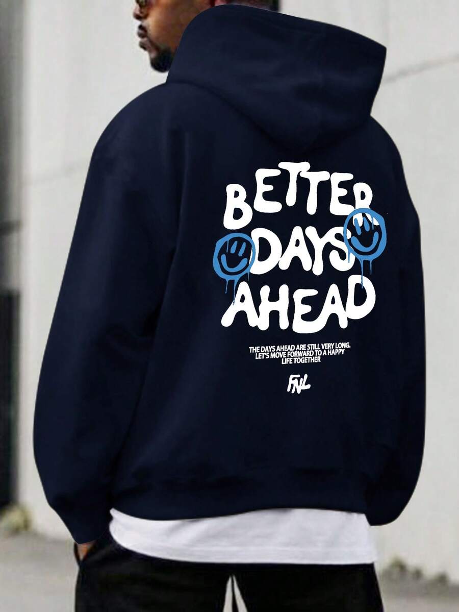 Men Cartoon & Slogan Graphic Drop Shoulder Hoodie - Navy Blue - View 1