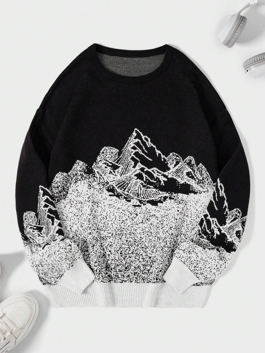 RueChic 男士山地圖案圓領毛衣 - 白色 - 查看 1