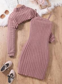 SHEIN Conjunto de 2 piezas para niñas preadolescentes con top de cuello alto de punto y vestido de tirantes acanalado
