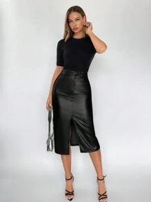 BizChic Women's Pu Leather Split Hem Skirt