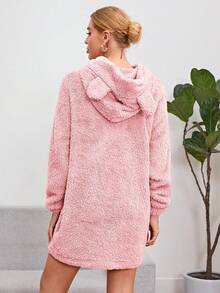 SHEIN Essnce 女式 3d 耳朵裝飾毛絨連帽衫連身裙 - 淺粉色 - 查看 2