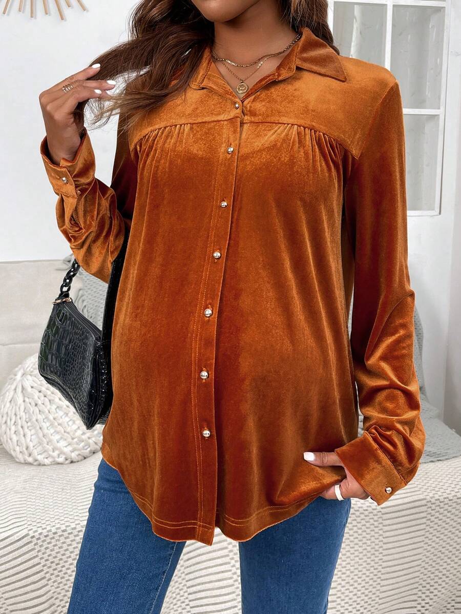 SHEIN Maternity Long Sleeve Shirt - Brown - View 1