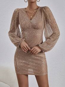 SHEIN PETITE Của phụ nữ Cổ chữ V Tay áo lồng đèn Đầm - Rượu sâm banh - Xem 1