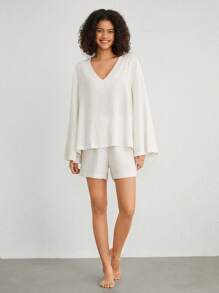 Ocili Leisure Ladies' V-Neck Flare Sleeve Homewear Top - Beige - View 6