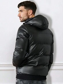 EURMUSE Men Zip Up Drawstring Hooded Puffer Coat - Black - View 8