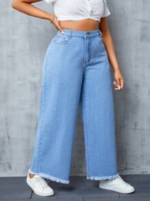 SHEIN SXY 大码女式磨边阔腿男友风牛仔裤 - 藍色 - 查看 4