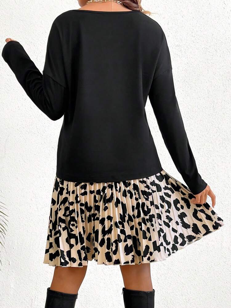 Pregnant Women'S Solid Color Top And Leopard Print Pleated Skirt Set For Maternity
