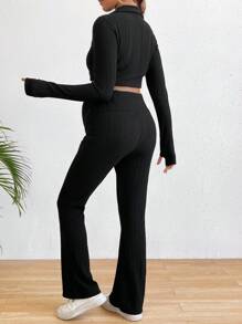 SHEIN 孕婦長袖前拉鍊上衣可調式腰部喇叭褲兩件套 - 黑色 - 查看 4