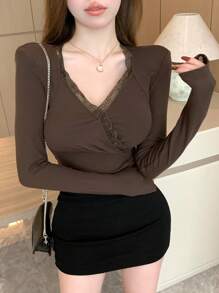 DAZY Lace Spliced Long Sleeve T-Shirt For Women,Fall Clothes