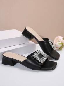 女士水钻扣一脚蹬凉鞋，夏季时尚高跟拖鞋，厚底带，适合约会、购物、通勤、商务、聚会、宴会 - 黑色 - 查看 6