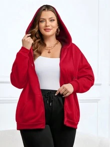 SHEIN EZwear Plus Size Kangaroo Pocket Zip Up Sweatshirt - Red - View 6
