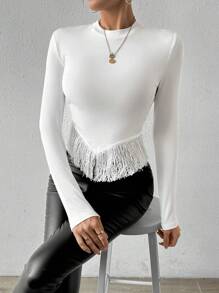 Allurite Women's Long Sleeve T-Shirt With Tassel Hemline Patchwork - White - View 4