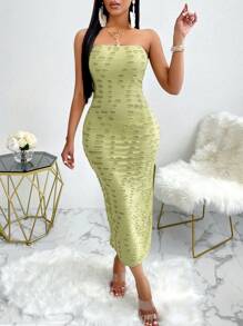 VaVaBold 女款鏤空前開衩抹胸洋裝 - 橄欖綠 - 查看 3