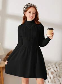 SHEIN 少女休閒a字高領套頭毛衣裙,長袖 - 黑色 - 查看 5
