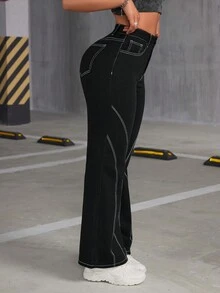 SHEIN ICON 女用撞色縫線高腰寬褲 - 黑色 - 查看 3