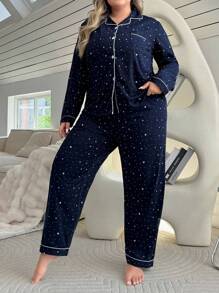 Plus Size Knitted Five Pointed Star Printed Long Sleeve Top & Pants Pajama Set With Long Pants  Cozy And Elegant Details, Fall Winter Clothes Outfit - Navy Blue - View 4
