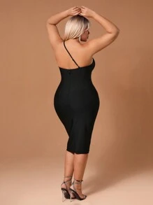 SHEIN SXY 加大单肩中长绷带连衣裙 - 黑色 - 查看 7
