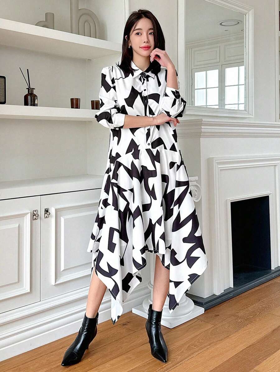 DAZY 不對稱下擺襯衫連衣裙 - 黑與白 - 查看 1