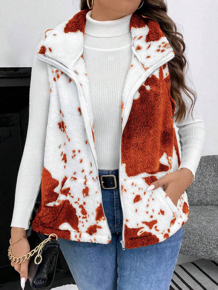 Plus Size Women'S Tie-Dye Plush Vest Jacket With Zippered Front
