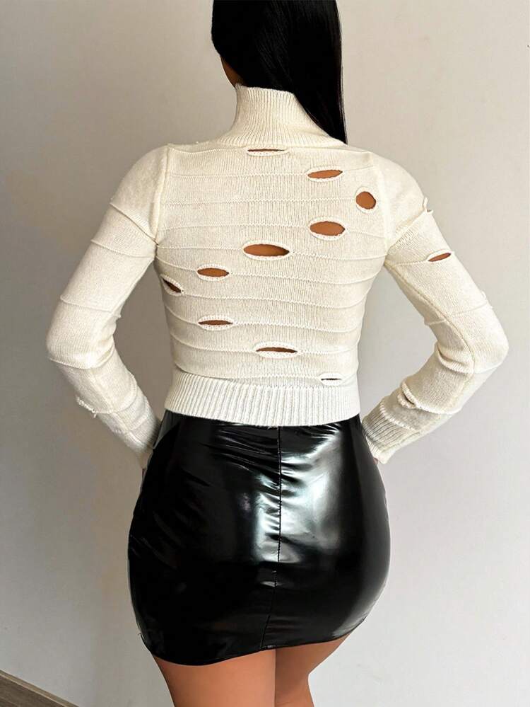 Women's High Neck Distressed Pullover Knit Pullover Fall Winter Sweater