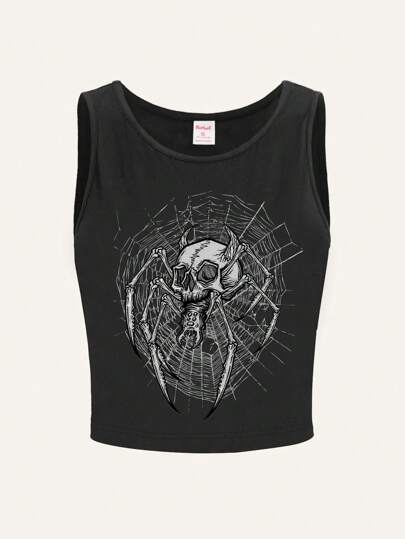 Goth Parte superior de tirantes con estampado de calavera y araña para mujer, para el verano, la escuela