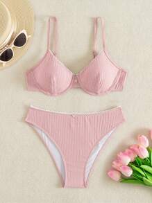 SHEIN Swim Conjunto de bikini de unicolor para mujer, verano playa