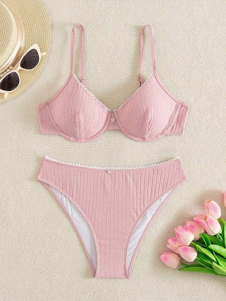 SHEIN Swim Ladies' Solid Color Bikini Set Summer Beach - Dusty Pink - View 1