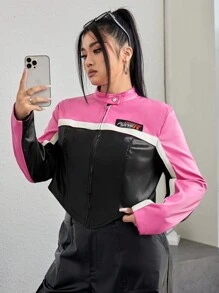 SHEIN EZwear Plus Size Color Block Zipper Front Motorcycle Jacket - Hot Pink - View 6