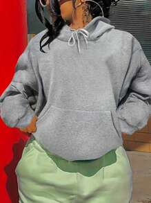 SHEIN EZwear Áo nỉ có mũ lót giữ nhiệt có dây rút cho nữ - Màu Xám nhạt - Xem 1