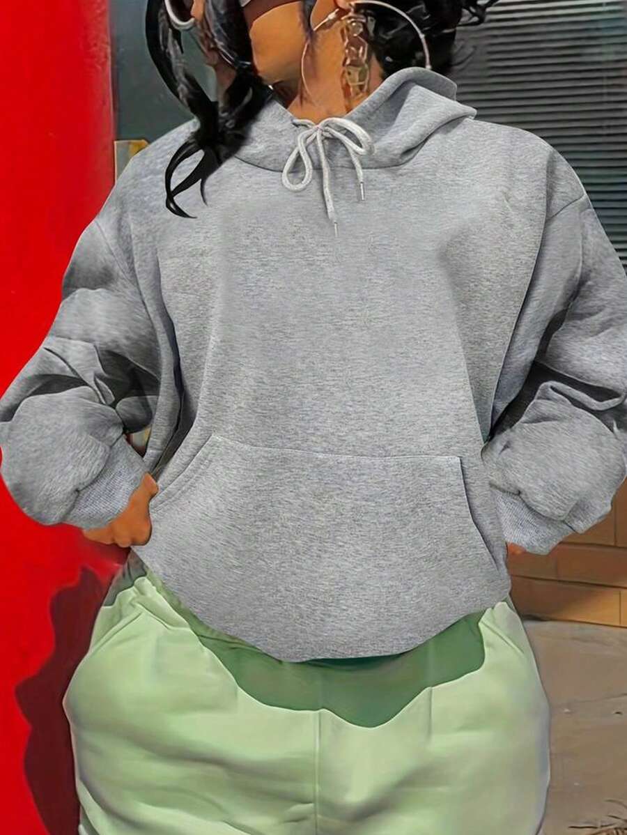 SHEIN EZwear Áo nỉ có mũ lót giữ nhiệt có dây rút cho nữ - Màu Xám nhạt - Xem 1