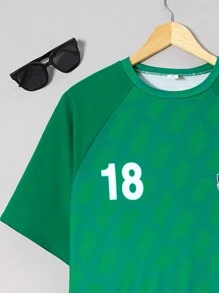 SHEIN Teens' Casual And Comfortable Short Sleeve Printed Top And Shorts Set For Sports And Leisure - Green - View 4