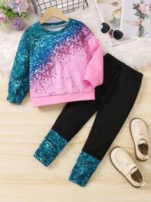 SHEIN 幼兒女童閃爍印花及彩色拼接運動衫和打底褲套裝 - 彩色 - 查看 1