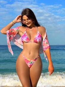 SHEIN Swim Vcay 全印花風格三角比基尼,配有頸掛腰帶情人節 - 彩色 - 查看 4