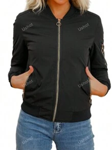 Women'S Solid Color Bomber Jacket With Pockets, Long Sleeve Zipper Jacket Casual Lightweight Autumn And Winter Clothing