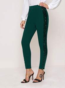 SHEIN Privé 女性閃爍拼接褲 - 墨綠色 - 查看 4