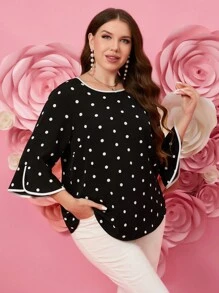 DreamSkyne Blusa De Manga Con Volantes De Lunares Para Mujeres De Talla Grande - Negro - Ver 1