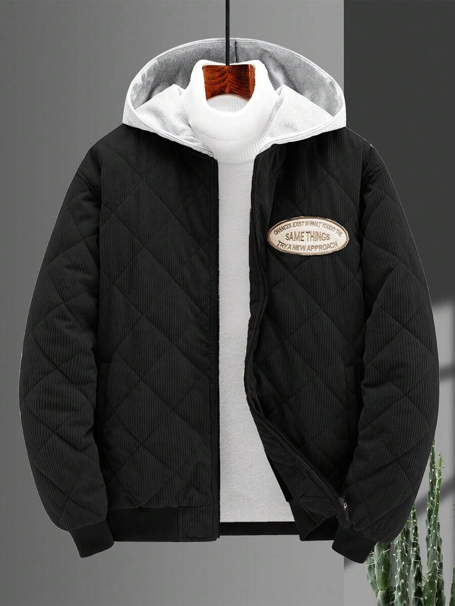 Manfinity 男士寬鬆灰色平綉冬季加棉外套 - 黑色 - 查看 1