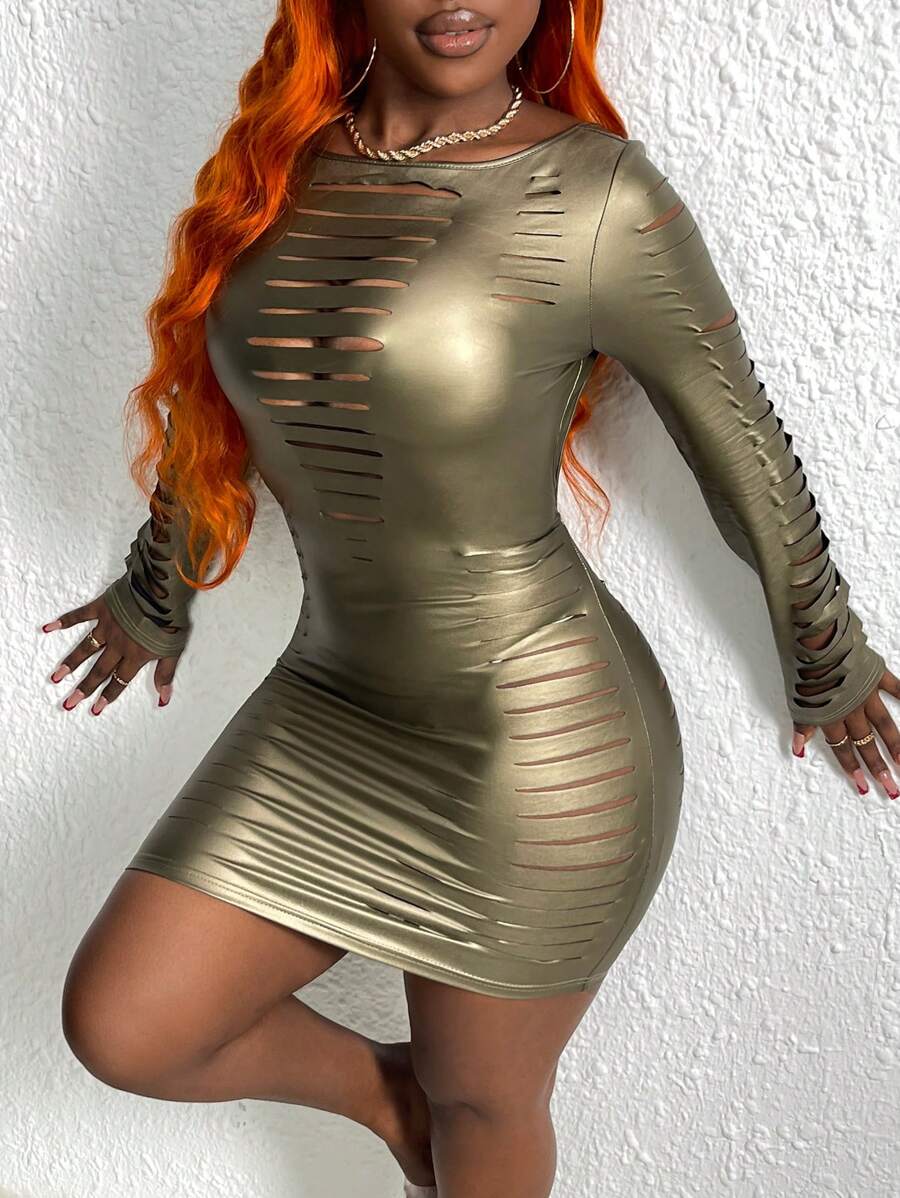Slaydiva Bodycon Dress With Distressed Details - Green - View 1