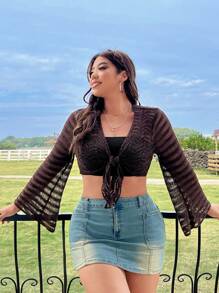 Flirla 大尺碼女士中空針織開衫,前綁帶設計